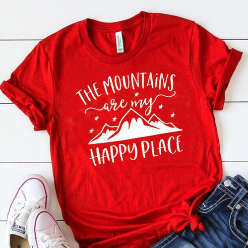 Load image into Gallery viewer, The Mountains Camping Are My Happy Place Statement Shirt-unisex-wanahavit-red tee white text-S-wanahavit
