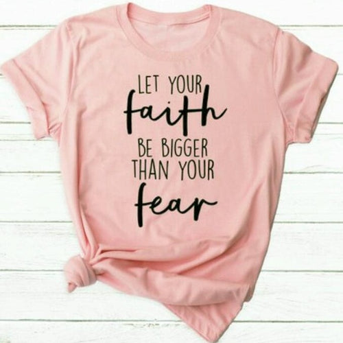 Load image into Gallery viewer, Let Your Faith Be Bigger Than Your Fear Christian Statement Shirt-unisex-wanahavit-peach tee black text-XL-wanahavit
