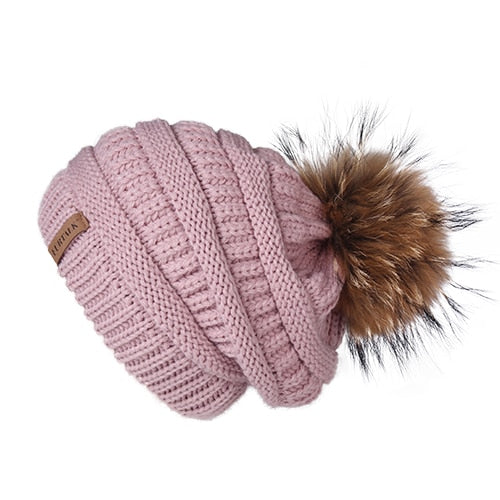 Winter Pom Pom Slouchy Velvet Lined Casual Warm Knitted Winter Beanie-women-wanahavit-Pink-wanahavit