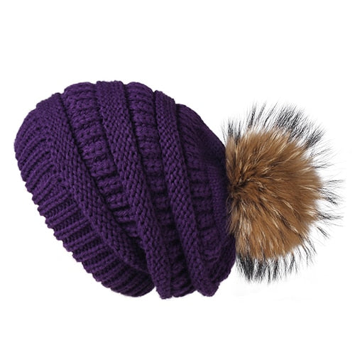 Winter Pom Pom Slouchy Velvet Lined Casual Warm Knitted Winter Beanie-women-wanahavit-Purple-wanahavit