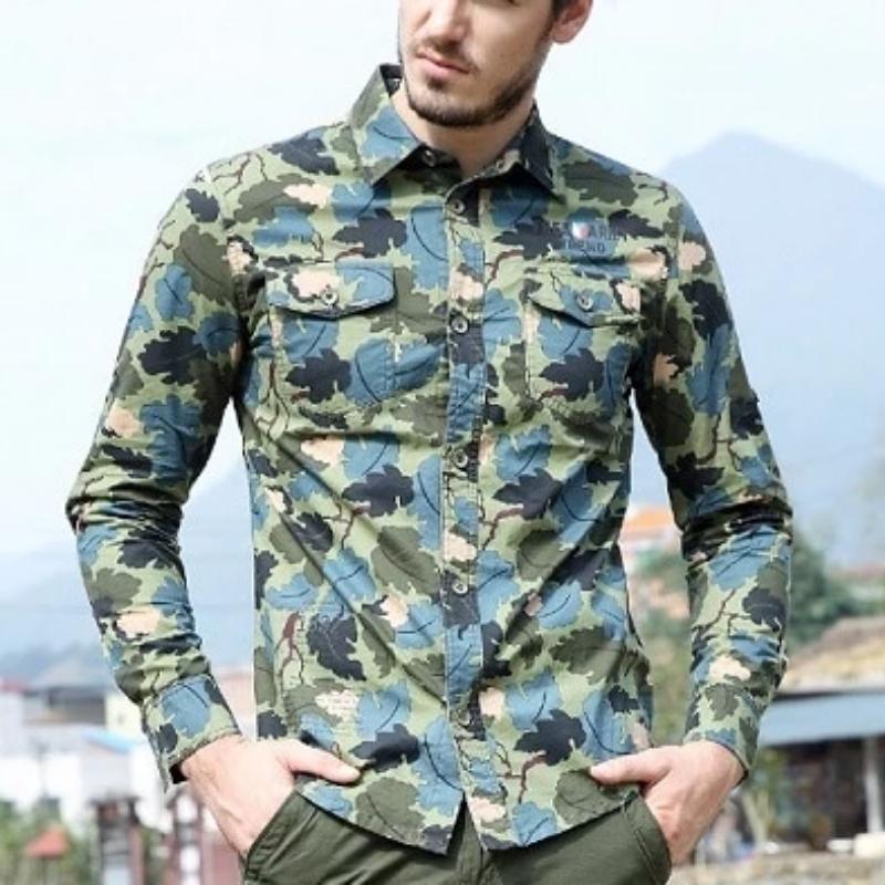 Camouflage Designer Turn Down Collar Cotton Long Sleeve-men-wanahavit-Green-M-wanahavit
