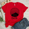 red tee black text