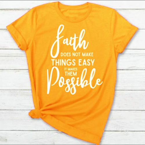 Load image into Gallery viewer, Faith Doesn&#39;t Make Things Easy But Possible Christian Statement Shirt-unisex-wanahavit-gold tee white text-XXXL-wanahavit
