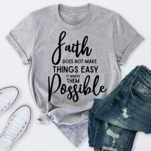 Load image into Gallery viewer, Faith Doesn&#39;t Make Things Easy But Possible Christian Statement Shirt-unisex-wanahavit-gray tee black text-XL-wanahavit
