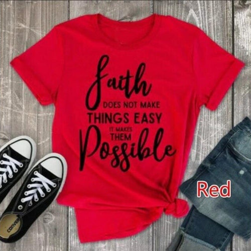 Load image into Gallery viewer, Faith Doesn&#39;t Make Things Easy But Possible Christian Statement Shirt-unisex-wanahavit-red tee black text-XXXL-wanahavit
