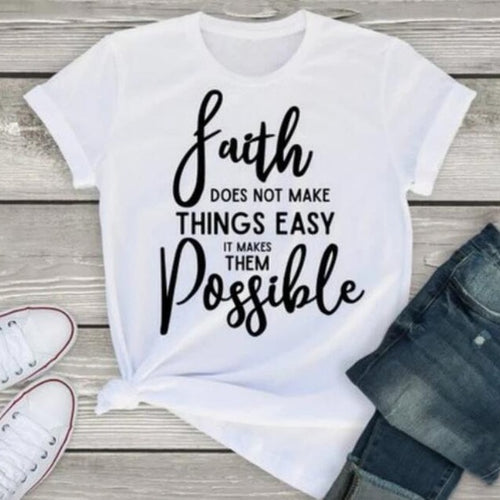 Load image into Gallery viewer, Faith Doesn&#39;t Make Things Easy But Possible Christian Statement Shirt-unisex-wanahavit-white tee black text-XL-wanahavit
