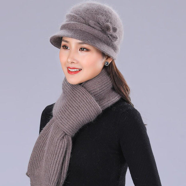 Floral Mixed Yarn Rabbit Casual Warm Knitted Winter Beanie-women-wanahavit-khaki Hat and Scarf-wanahavit