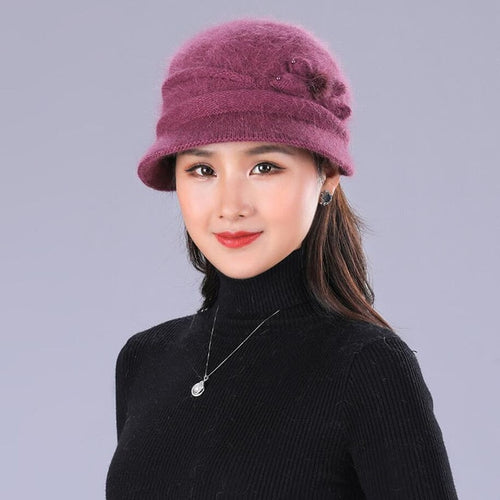 Load image into Gallery viewer, Floral Mixed Yarn Rabbit Casual Warm Knitted Winter Beanie-women-wanahavit-purple hat-wanahavit
