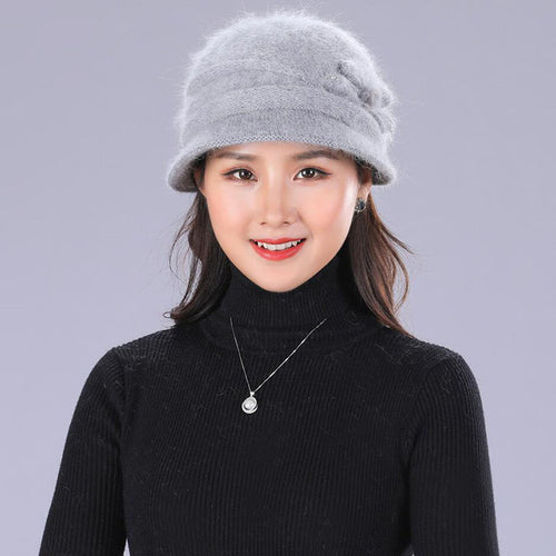 Load image into Gallery viewer, Floral Mixed Yarn Rabbit Casual Warm Knitted Winter Beanie-women-wanahavit-gray hat-wanahavit
