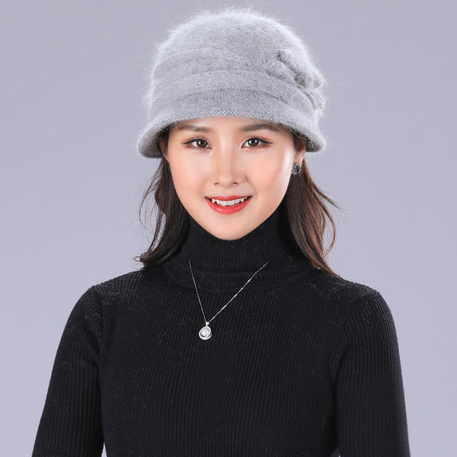 Floral Mixed Yarn Rabbit Casual Warm Knitted Winter Beanie-women-wanahavit-gray hat-wanahavit