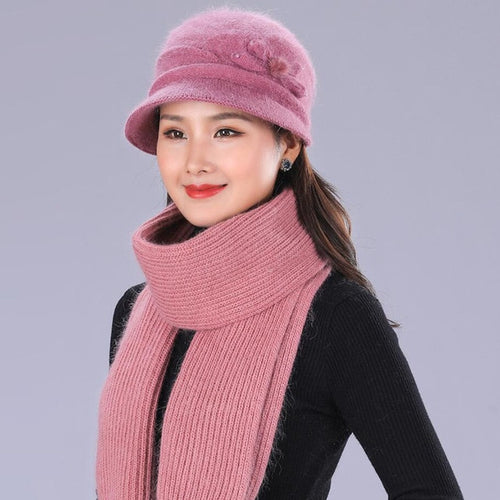 Load image into Gallery viewer, Floral Mixed Yarn Rabbit Casual Warm Knitted Winter Beanie-women-wanahavit-pink Hat and Scarf-wanahavit
