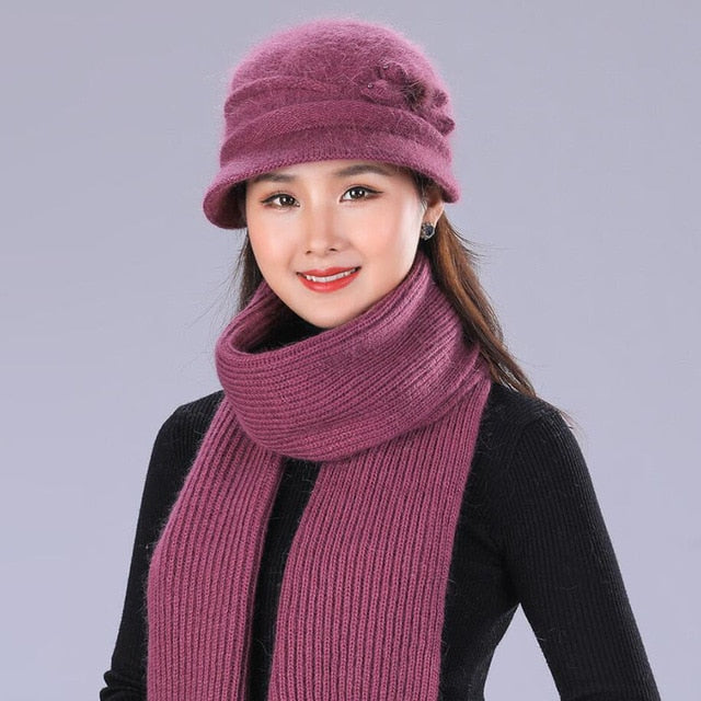 Floral Mixed Yarn Rabbit Casual Warm Knitted Winter Beanie-women-wanahavit-purple Hat and Scar-wanahavit