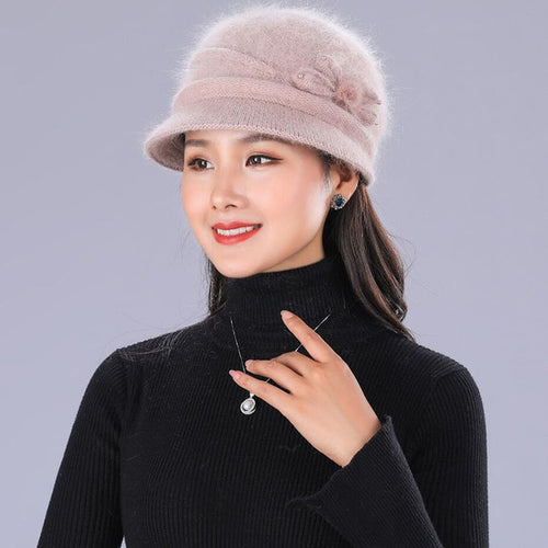 Load image into Gallery viewer, Floral Mixed Yarn Rabbit Casual Warm Knitted Winter Beanie-women-wanahavit-light pink hat-wanahavit
