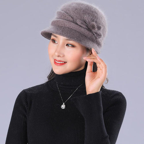 Load image into Gallery viewer, Floral Mixed Yarn Rabbit Casual Warm Knitted Winter Beanie-women-wanahavit-khaki hat-wanahavit
