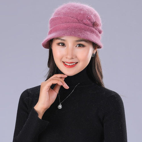 Load image into Gallery viewer, Floral Mixed Yarn Rabbit Casual Warm Knitted Winter Beanie-women-wanahavit-pink hat-wanahavit
