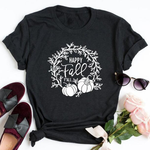 Load image into Gallery viewer, Happy Fall Y&#39;all Pumpkin Holiday Statement Shirt-unisex-wanahavit-black tee white text-M-wanahavit
