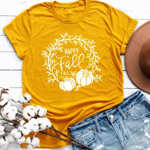Load image into Gallery viewer, Happy Fall Y&#39;all Pumpkin Holiday Statement Shirt-unisex-wanahavit-gold tee white text-S-wanahavit
