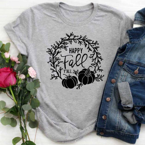 Load image into Gallery viewer, Happy Fall Y&#39;all Pumpkin Holiday Statement Shirt-unisex-wanahavit-gray tee black text-M-wanahavit
