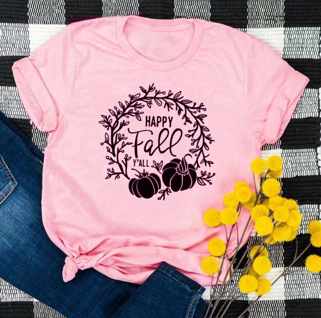 Happy Fall Y'all Pumpkin Holiday Statement Shirt-unisex-wanahavit-pink tee black text-S-wanahavit