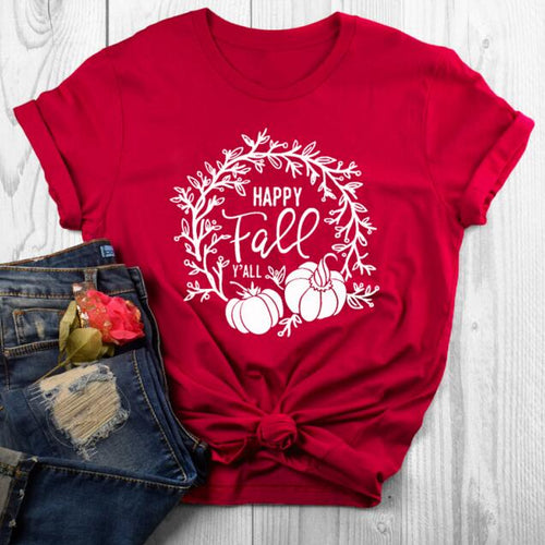 Load image into Gallery viewer, Happy Fall Y&#39;all Pumpkin Holiday Statement Shirt-unisex-wanahavit-red tee white text-M-wanahavit
