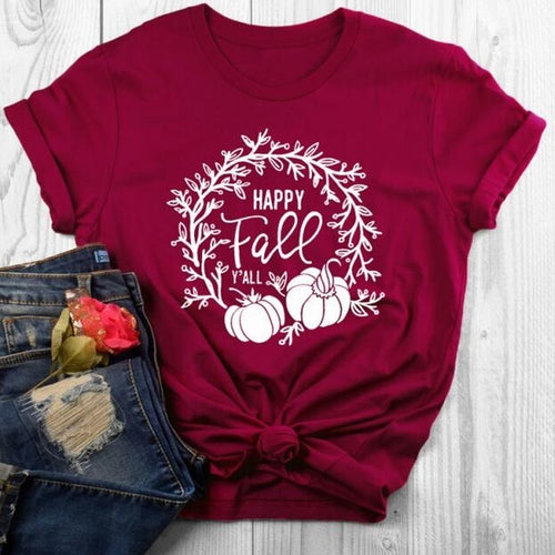 Load image into Gallery viewer, Happy Fall Y&#39;all Pumpkin Holiday Statement Shirt-unisex-wanahavit-burgundy-white text-XL-wanahavit
