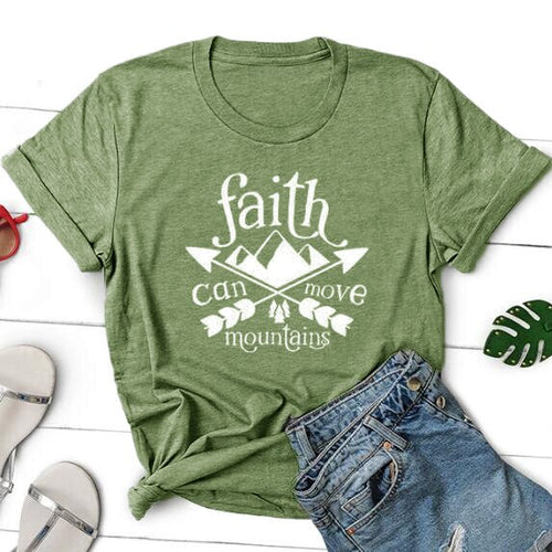 Load image into Gallery viewer, Faith Can Move Mountains Arrow Christian Statement Shirt-unisex-wanahavit-olive tee white text-L-wanahavit
