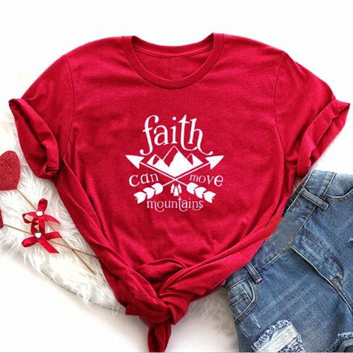 Load image into Gallery viewer, Faith Can Move Mountains Arrow Christian Statement Shirt-unisex-wanahavit-red tee white text-S-wanahavit
