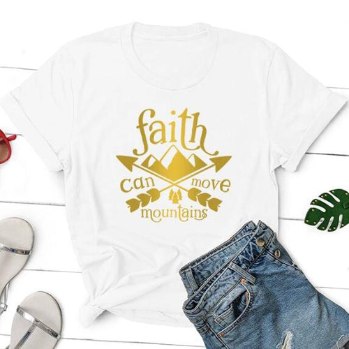 Load image into Gallery viewer, Faith Can Move Mountains Arrow Christian Statement Shirt-unisex-wanahavit-white tee gold text-S-wanahavit
