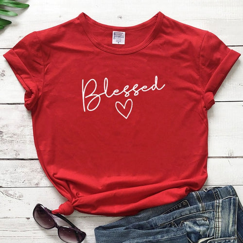 Load image into Gallery viewer, Blessed Heart Christian Statement Shirt-unisex-wanahavit-red tee white text-S-wanahavit
