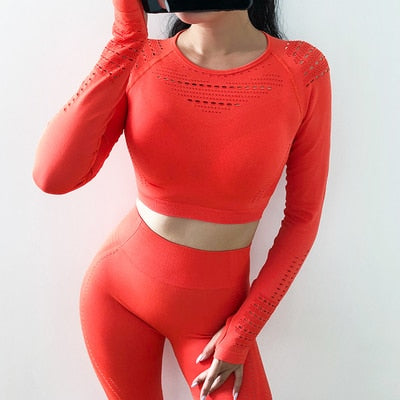 Load image into Gallery viewer, Seamless Yoga Knit Workout Fitness Crop Top Long Sleeve-women fitness-wanahavit-orange-S-wanahavit
