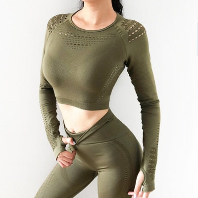 Load image into Gallery viewer, Seamless Yoga Knit Workout Fitness Crop Top Long Sleeve-women fitness-wanahavit-army green-S-wanahavit

