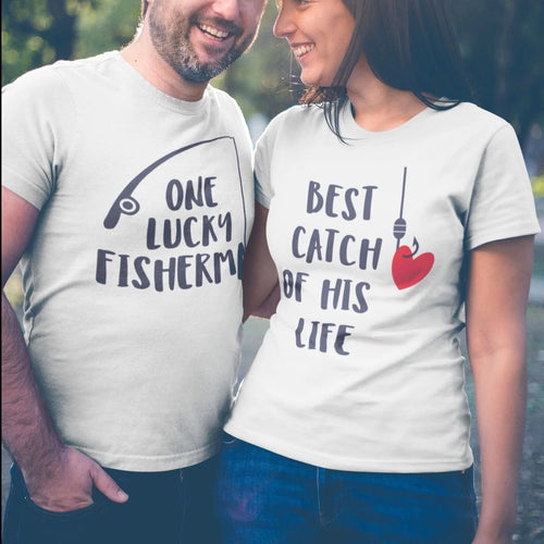 Load image into Gallery viewer, One Lucky Fisherman Best Catch of His Life Matching Couple Tees-unisex-wanahavit-N697-MSTWH-XL-wanahavit
