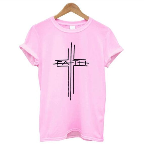 Load image into Gallery viewer, Faith Cross Christian Statement Shirt-unisex-wanahavit-pink tee black text-XXXL-wanahavit
