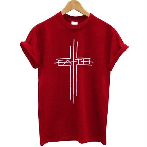 Load image into Gallery viewer, Faith Cross Christian Statement Shirt-unisex-wanahavit-red tee white text-S-wanahavit
