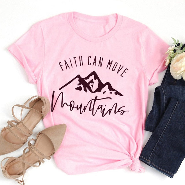 Faith Can Move Mountains Christian Statement Shirt-unisex-wanahavit-pink tee black text-XL-wanahavit