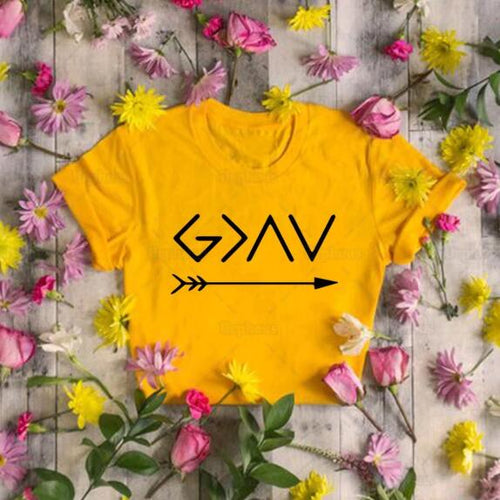 Load image into Gallery viewer, God is Greater Than The High Arrow Christian Statement Shirt-unisex-wanahavit-gold tee black text-S-wanahavit
