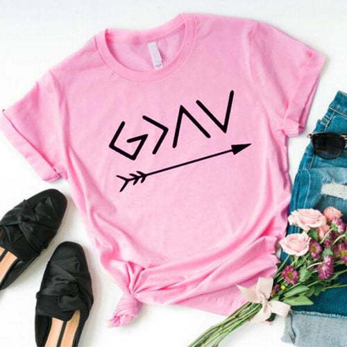 Load image into Gallery viewer, God is Greater Than The High Arrow Christian Statement Shirt-unisex-wanahavit-pink tee black text-L-wanahavit
