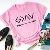 pink tee black text