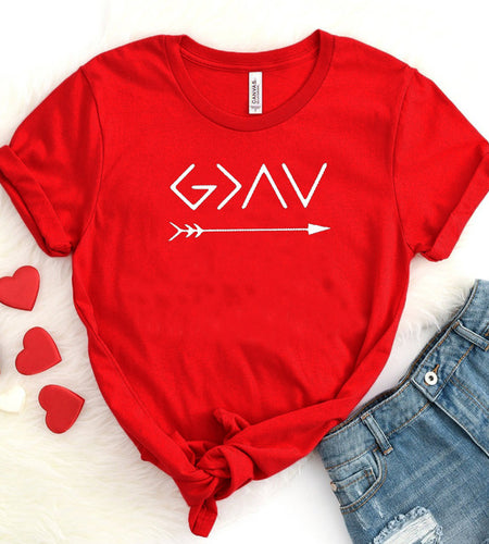 God is Greater Than The High Arrow Christian Statement Shirt-unisex-wanahavit-red tee white text-XXL-wanahavit