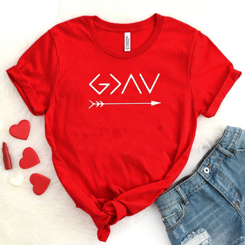 Load image into Gallery viewer, God is Greater Than The High Arrow Christian Statement Shirt-unisex-wanahavit-red tee white text-XXL-wanahavit
