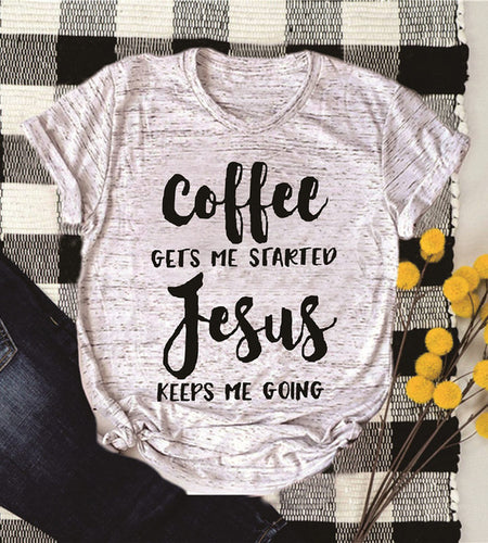 Coffee Gets Me Started Jesus Keeps Me Going Christian Statement Shirt-unisex-wanahavit-pink tee black text-L-wanahavit