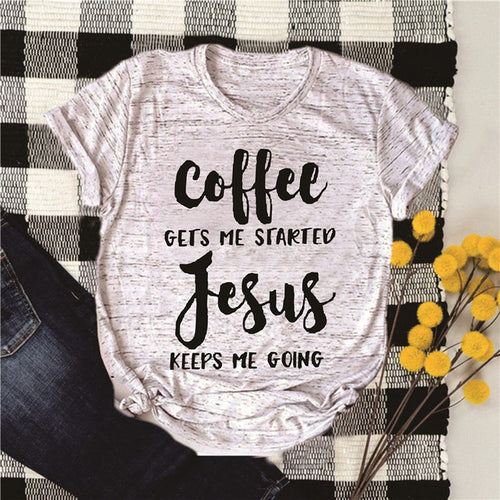 Load image into Gallery viewer, Coffee Gets Me Started Jesus Keeps Me Going Christian Statement Shirt-unisex-wanahavit-pink tee black text-L-wanahavit
