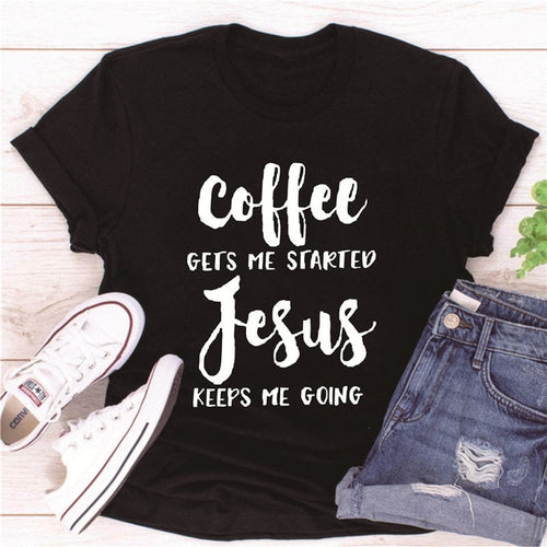 Load image into Gallery viewer, Coffee Gets Me Started Jesus Keeps Me Going Christian Statement Shirt-unisex-wanahavit-black tee white text-L-wanahavit
