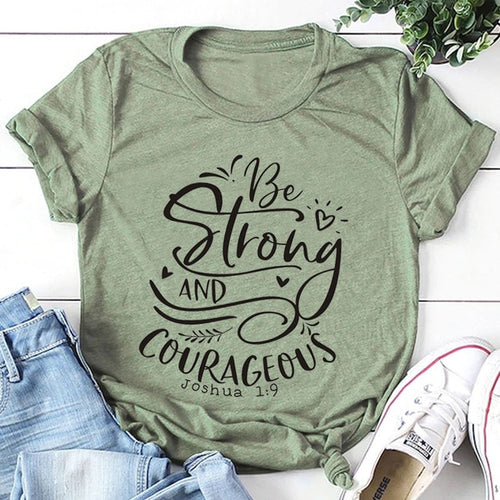 Load image into Gallery viewer, Be Strong And Courageous Joshua 1:9 Christian Statement Shirt-unisex-wanahavit-olive tee black text-L-wanahavit
