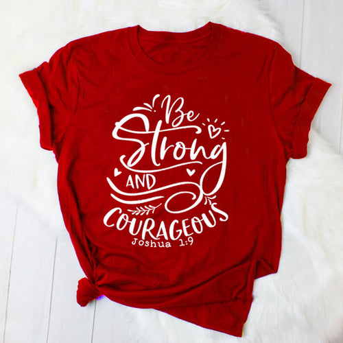 Load image into Gallery viewer, Be Strong And Courageous Joshua 1:9 Christian Statement Shirt-unisex-wanahavit-red tee white text-L-wanahavit
