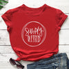 red tee white text