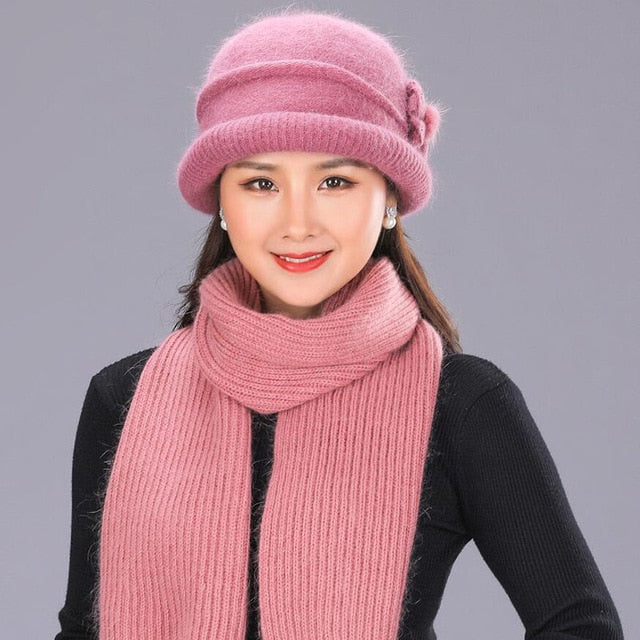 Winter Rabbit Wool Casual Warm Knitted Winter Beanie And Scarf-women-wanahavit-pink Hat and scarf-wanahavit