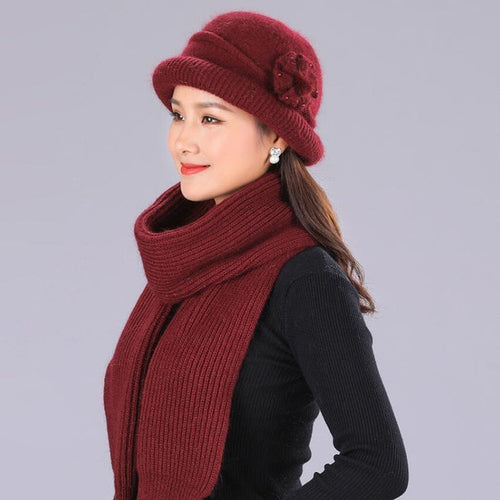Load image into Gallery viewer, Winter Rabbit Wool Casual Warm Knitted Winter Beanie And Scarf-women-wanahavit-red wine Hat scarf-wanahavit
