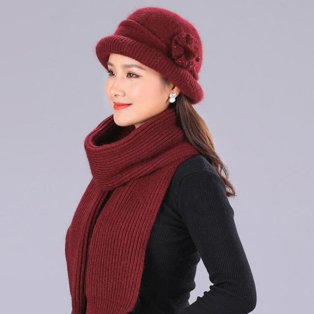 Winter Rabbit Wool Casual Warm Knitted Winter Beanie And Scarf-women-wanahavit-red wine Hat scarf-wanahavit