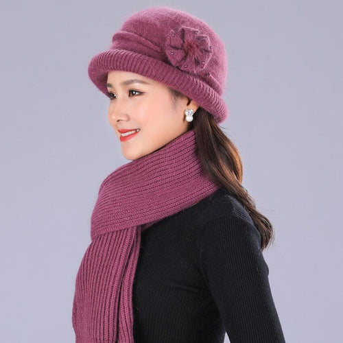 Load image into Gallery viewer, Winter Rabbit Wool Casual Warm Knitted Winter Beanie And Scarf-women-wanahavit-purple Hat and scarf-wanahavit
